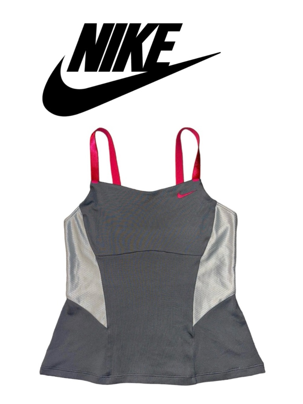 NIKE Dri-Fit Gray Tank Top Performance Pink Strap Shirt Run Swoosh Girl M 10 12